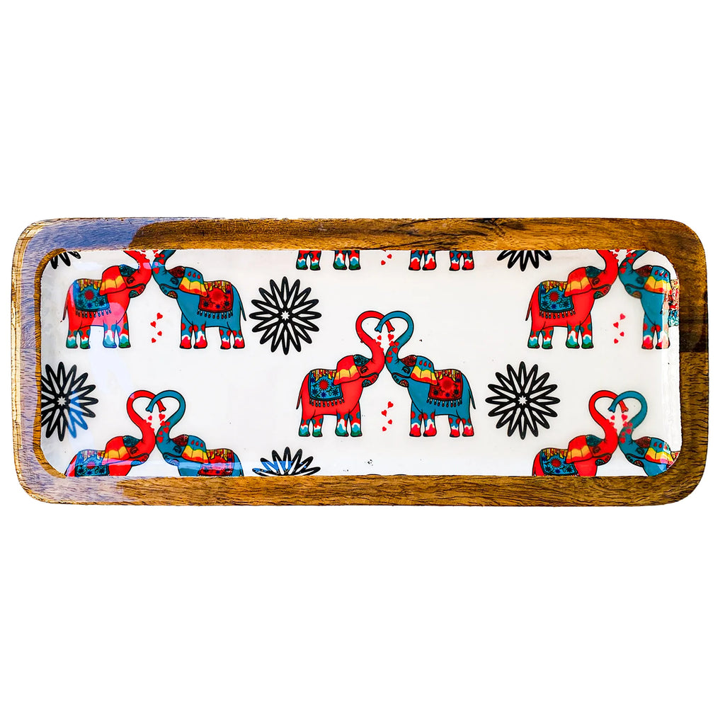 "Elephants In Love" Artistic Wooden Cutlery-Rectangular Platter I Serve ware I Hand Crafted I Living Room Décor I Meena Print I Size-13*5 Inch