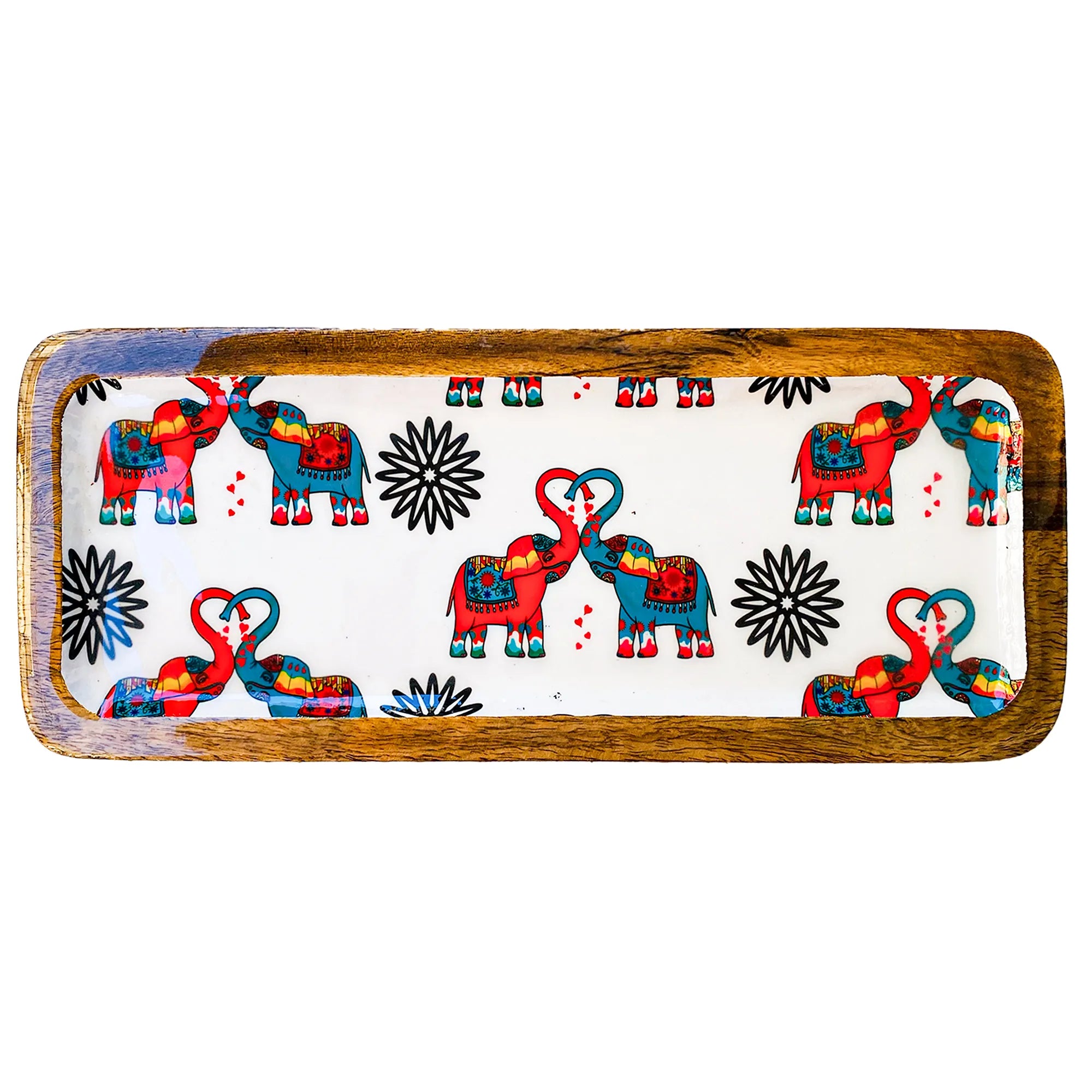 "Elephants In Love" Artistic Wooden Cutlery-Rectangular Platter I Serve ware I Hand Crafted I Living Room Décor I Meena Print I Size-13*5 Inch