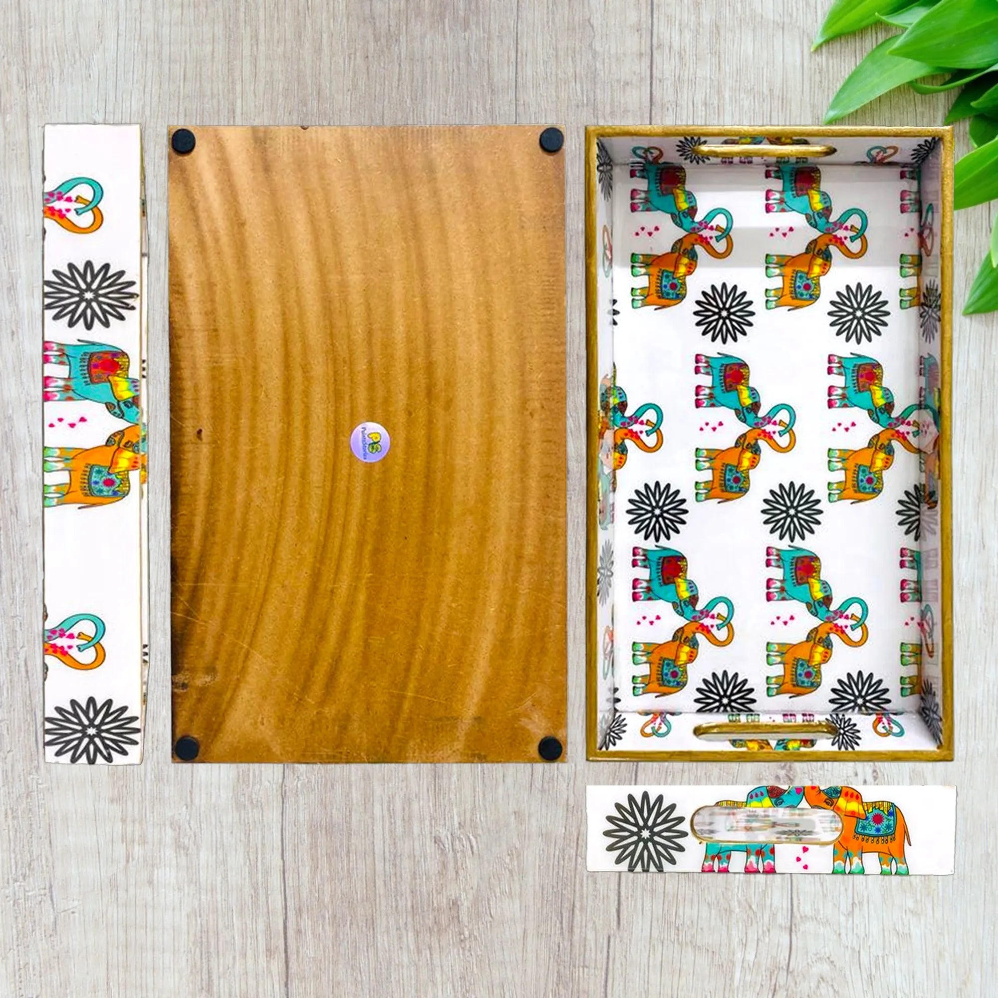 "Elephants In Love" Artistic Wooden Cutlery-Rectangular Tray- Large I Serve ware I Handmade I Home Décor I Decorative I Meena I Size-16*10*2 Inch