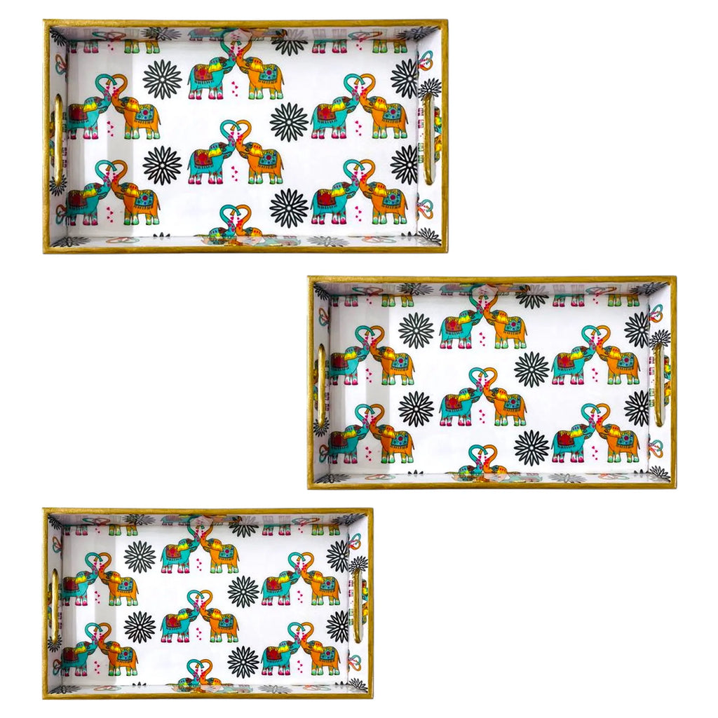 "Elephants In Love" Artistic Wooden Cutlery-Rectangular Trays (Set of 3) I Serve ware I Handmade I Meena Print I Size-12*6*2,14*8*2 & 16*10*2 Inch