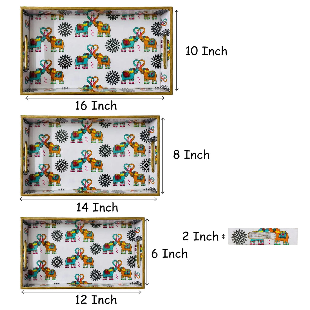 "Elephants In Love" Artistic Wooden Cutlery-Rectangular Trays (Set of 3) I Serve ware I Handmade I Meena Print I Size-12*6*2,14*8*2 & 16*10*2 Inch