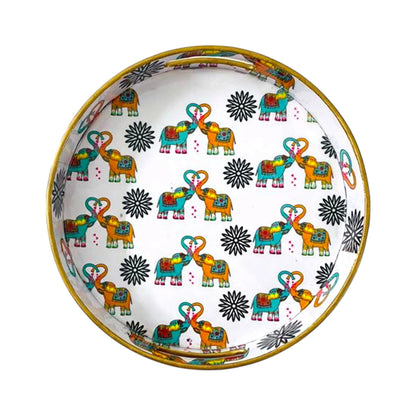 "Elephants In Love" Artistic Wooden Cutlery-Round Tray Large I Serve ware I Hand Crafted I Decorative I Meena Print I Gift Item I Size-12*12*2 Inch