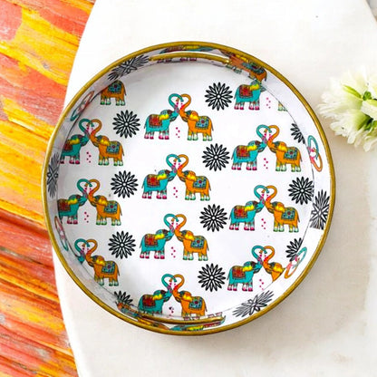 "Elephants In Love" Artistic Wooden Cutlery-Round Tray Large I Serve ware I Hand Crafted I Decorative I Meena Print I Gift Item I Size-12*12*2 Inch