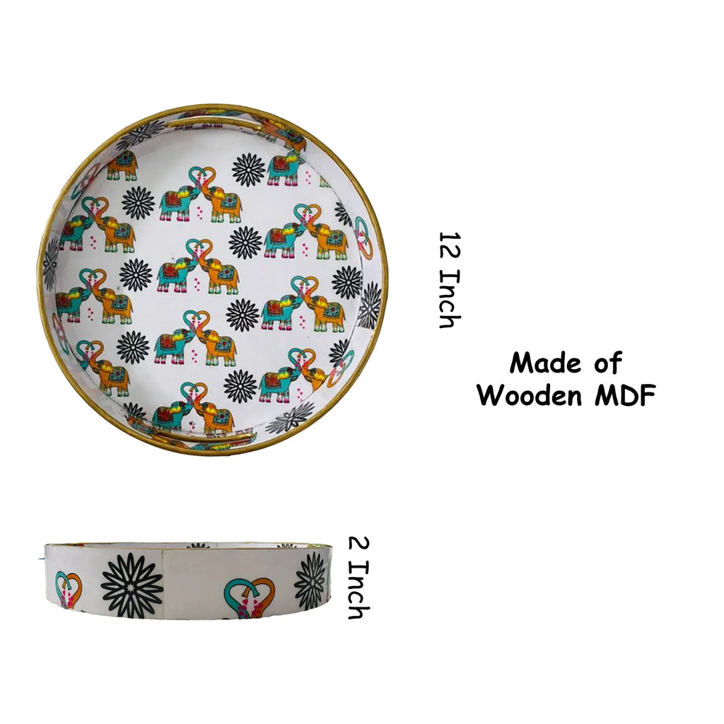 "Elephants In Love" Artistic Wooden Cutlery-Round Tray Large I Serve ware I Hand Crafted I Decorative I Meena Print I Gift Item I Size-12*12*2 Inch