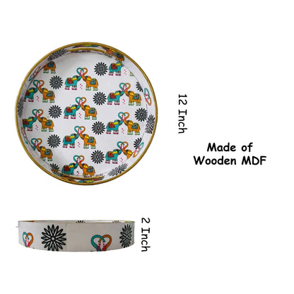 "Elephants In Love" Artistic Wooden Cutlery-Round Tray Large I Serve ware I Hand Crafted I Decorative I Meena Print I Gift Item I Size-12*12*2 Inch