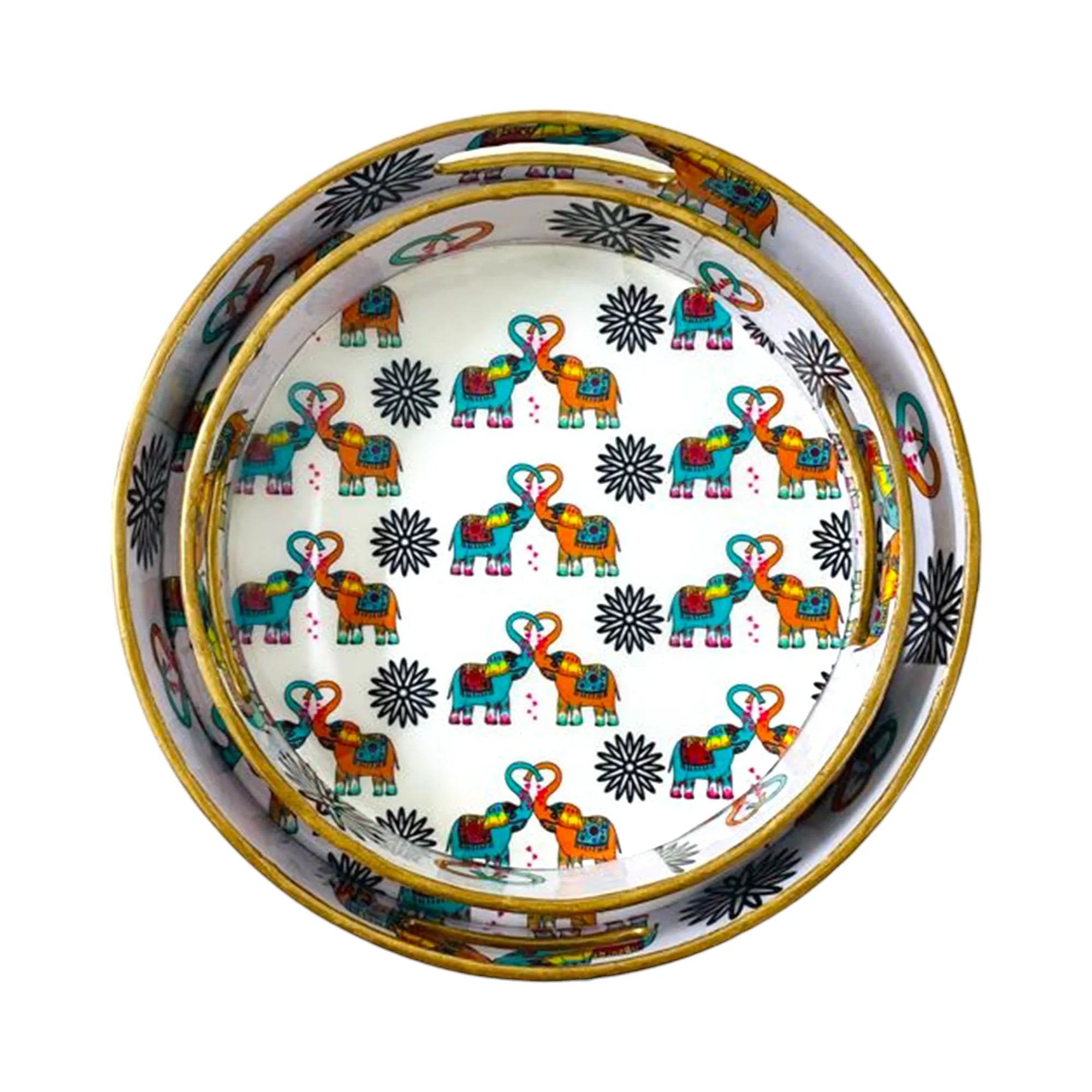 "Elephants In Love" Artistic Wooden Cutlery-Round Trays (Set of 2) I Serve ware I Handmade I Decorative I Meena Print I Size-10*10*2 & 12*12*2 Inch