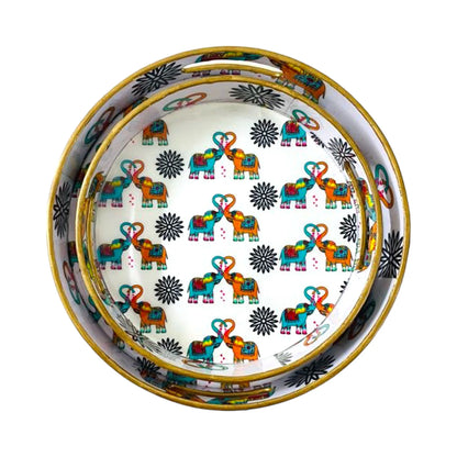 "Elephants In Love" Artistic Wooden Cutlery-Round Trays (Set of 2) I Serve ware I Handmade I Decorative I Meena Print I Size-10*10*2 & 12*12*2 Inch