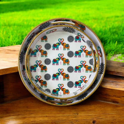 "Elephants In Love" Artistic Wooden Cutlery-Round Trays (Set of 2) I Serve ware I Handmade I Decorative I Meena Print I Size-10*10*2 & 12*12*2 Inch