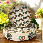 "Elephants In Love" Artistic Wooden Cutlery-Round Trays (Set of 2) I Serve ware I Handmade I Decorative I Meena Print I Size-10*10*2 & 12*12*2 Inch