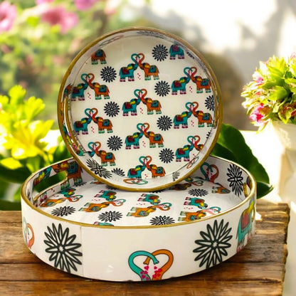 "Elephants In Love" Artistic Wooden Cutlery-Round Trays (Set of 2) I Serve ware I Handmade I Decorative I Meena Print I Size-10*10*2 & 12*12*2 Inch