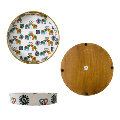 "Elephants In Love" Artistic Wooden Cutlery-Round Trays (Set of 2) I Serve ware I Handmade I Decorative I Meena Print I Size-10*10*2 & 12*12*2 Inch