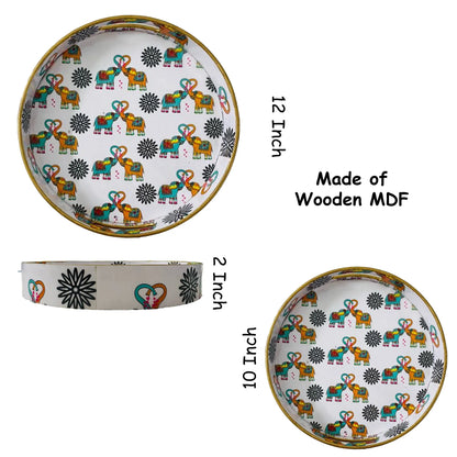 "Elephants In Love" Artistic Wooden Cutlery-Round Trays (Set of 2) I Serve ware I Handmade I Decorative I Meena Print I Size-10*10*2 & 12*12*2 Inch