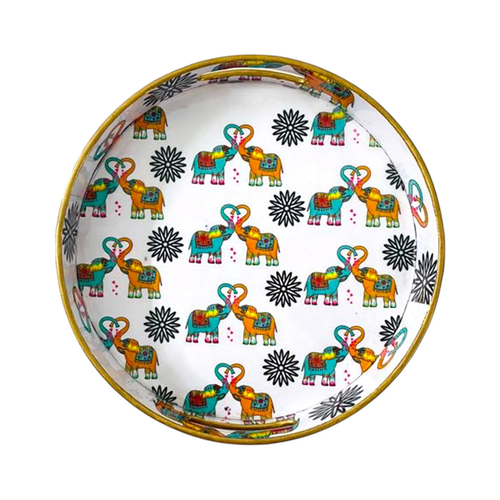 "Elephants In Love" Artistic Wooden Cutlery-Round Tray Small I Serve ware I Handmade I Living Room Décor I Decorative I Meena I Size-10*10*2 Inch
