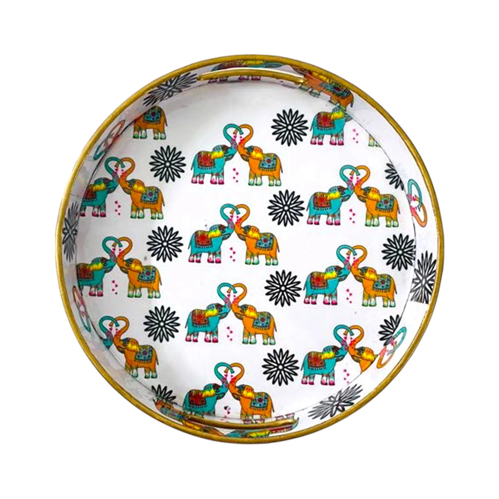 "Elephants In Love" Artistic Wooden Cutlery-Round Tray Small I Serve ware I Handmade I Living Room Décor I Decorative I Meena I Size-10*10*2 Inch