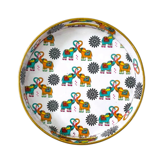 "Elephants In Love" Artistic Wooden Cutlery-Round Tray Small I Serve ware I Handmade I Living Room Décor I Decorative I Meena I Size-10*10*2 Inch