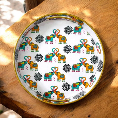 "Elephants In Love" Artistic Wooden Cutlery-Round Tray Small I Serve ware I Handmade I Living Room Décor I Decorative I Meena I Size-10*10*2 Inch