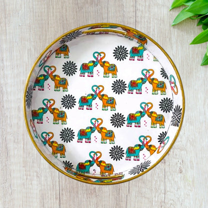 "Elephants In Love" Artistic Wooden Cutlery-Round Tray Small I Serve ware I Handmade I Living Room Décor I Decorative I Meena I Size-10*10*2 Inch