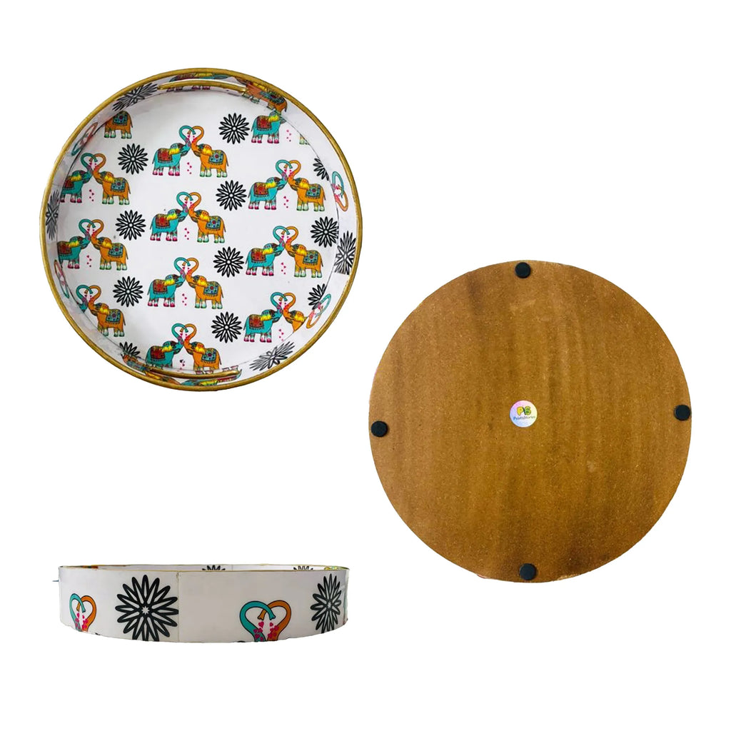 "Elephants In Love" Artistic Wooden Cutlery-Round Tray Small I Serve ware I Handmade I Living Room Décor I Decorative I Meena I Size-10*10*2 Inch