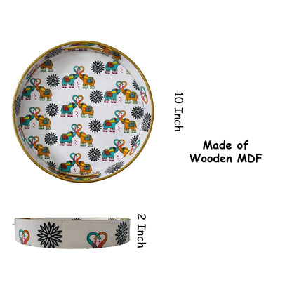 "Elephants In Love" Artistic Wooden Cutlery-Round Tray Small I Serve ware I Handmade I Living Room Décor I Decorative I Meena I Size-10*10*2 Inch