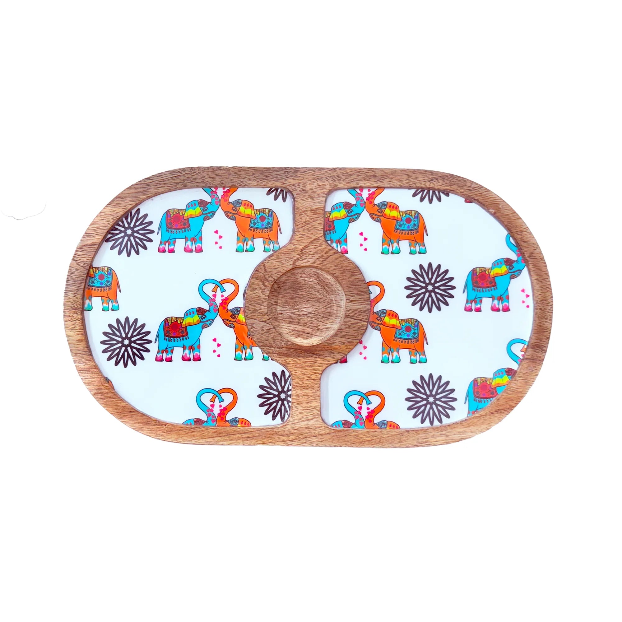 "Elephants In Love" Artistic Wooden Cutlery-Round Platter with Ceramic Bowl I Dine ware I Hand Crafted I Home Décor I Meena Print I Size-14*8 Inch
