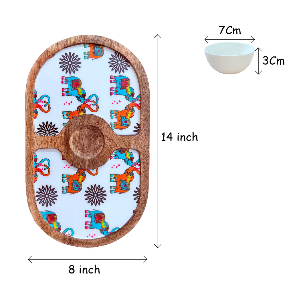 "Elephants In Love" Artistic Wooden Cutlery-Round Platter with Ceramic Bowl I Dine ware I Hand Crafted I Home Décor I Meena Print I Size-14*8 Inch