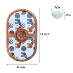 "Elephants In Love" Artistic Wooden Cutlery-Round Platter with Ceramic Bowl I Dine ware I Hand Crafted I Home Décor I Meena Print I Size-14*8 Inch