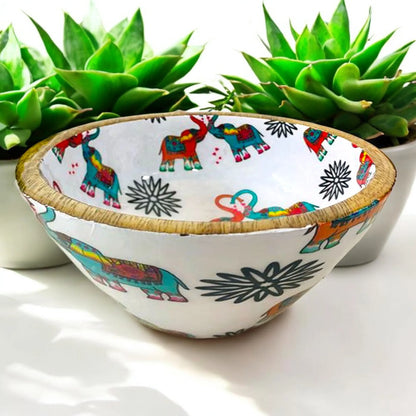 "Elephants In Love" Artistic Wooden Cutlery - Small Bowl I Serve ware I Hand Crafted I Living Room Décor I Decorative I Meena Print I Size-6*6*3 Inch