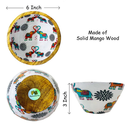 "Elephants In Love" Artistic Wooden Cutlery - Small Bowl I Serve ware I Hand Crafted I Living Room Décor I Decorative I Meena Print I Size-6*6*3 Inch
