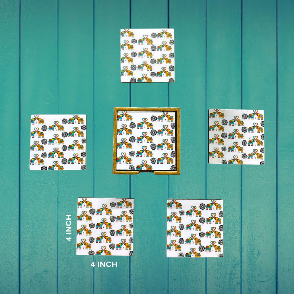 "Elephants In Love" Artistic Wooden Cutlery-Wooden Tea Coaster I Table ware I Hand Crafted I Home Décor I Decorative I Meena Print I Size- 4*4 Inch