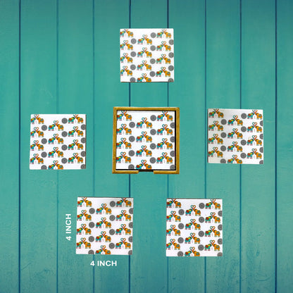 "Elephants In Love" Artistic Wooden Cutlery-Wooden Tea Coaster I Table ware I Hand Crafted I Home Décor I Decorative I Meena Print I Size- 4*4 Inch