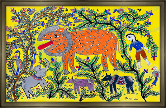 A lion, animals and birds in the jungle