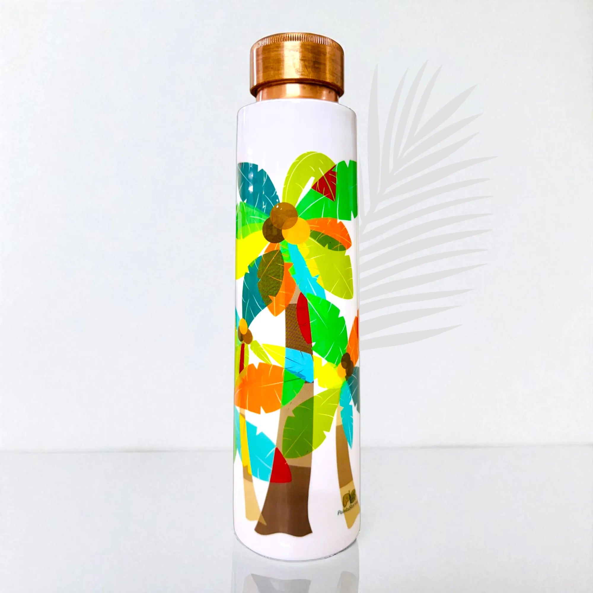 Celebration of Palm Trees artistic copper bottle for home, office or travel hydration