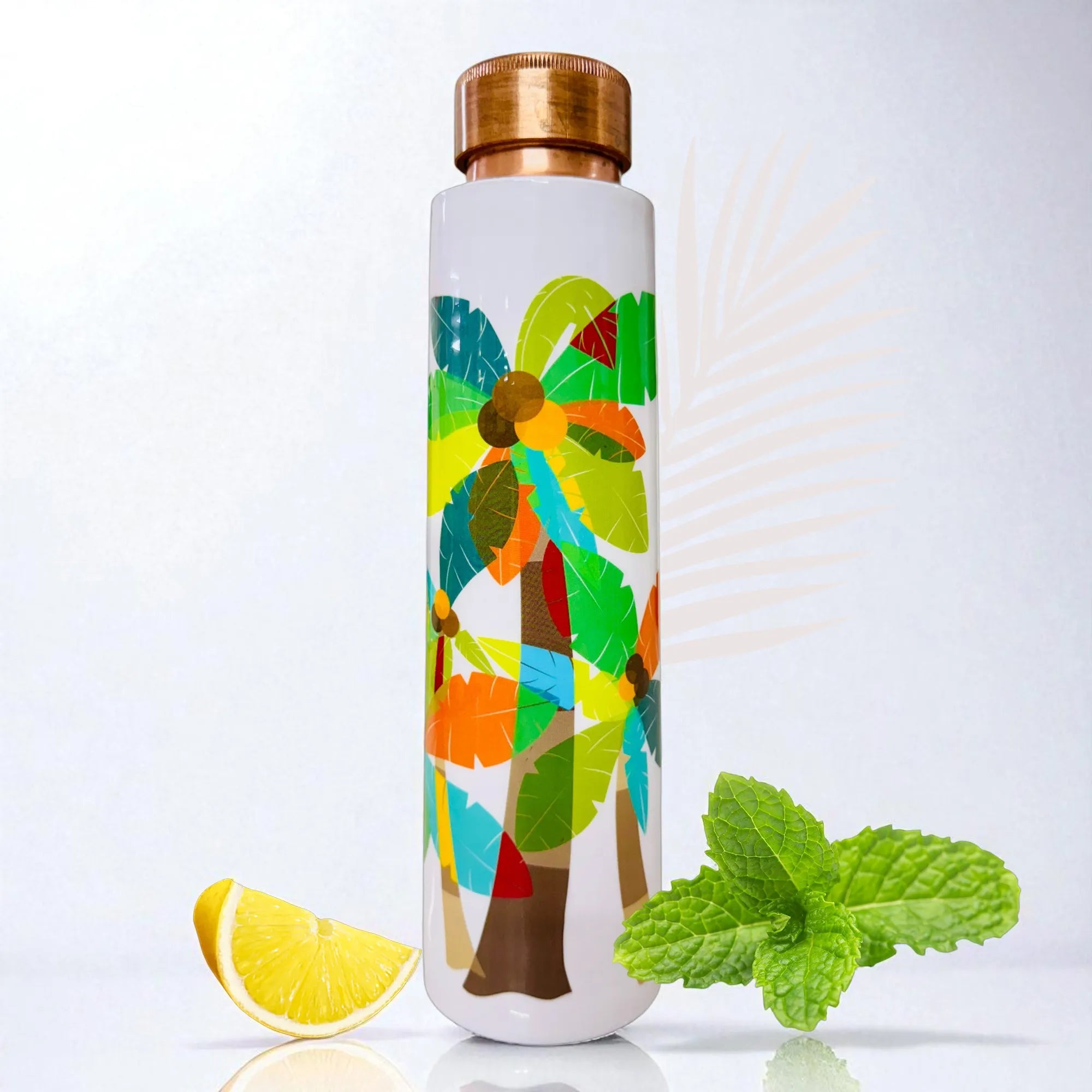 Premium handmade tamba bottle featuring palm trees artwork for daily wellness use