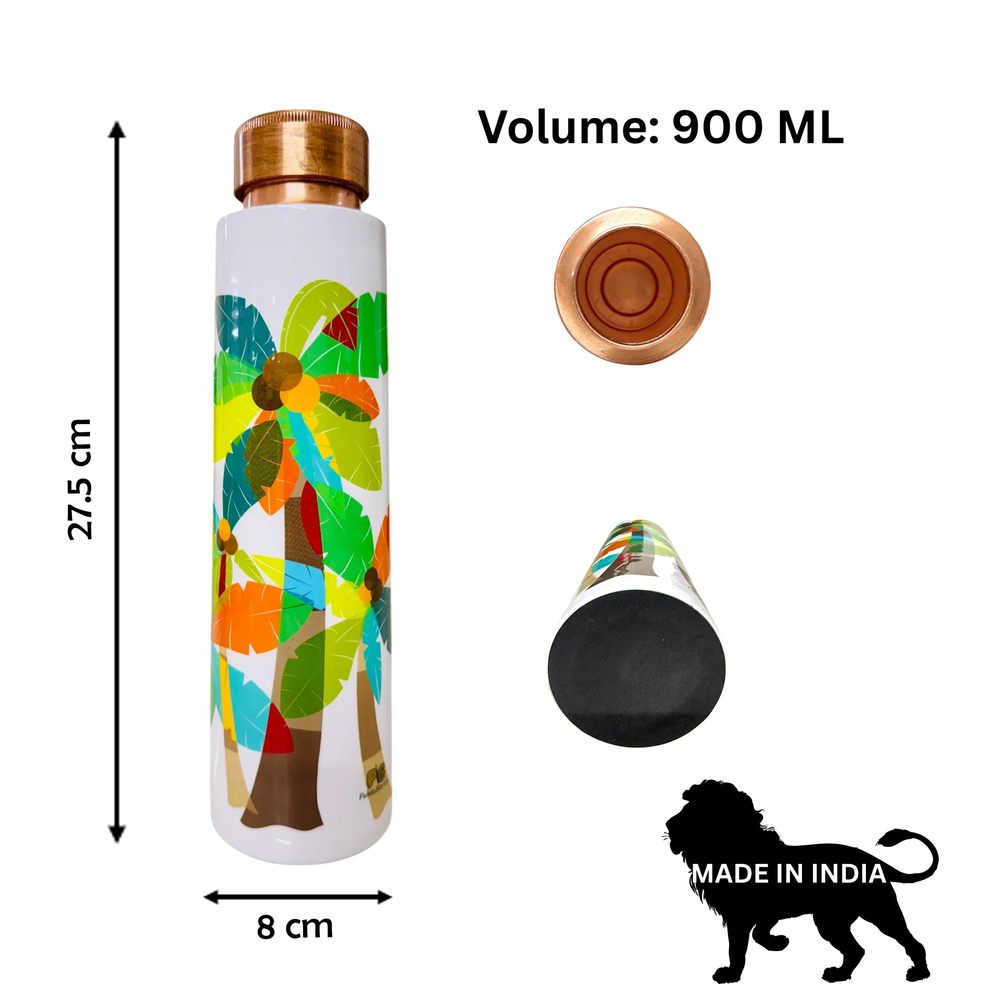 Celebration of Palm Trees copper bottle showing size and dimension details