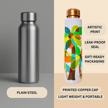 Comparison of copper vs steel bottle showing benefits of handmade tamba water bottle