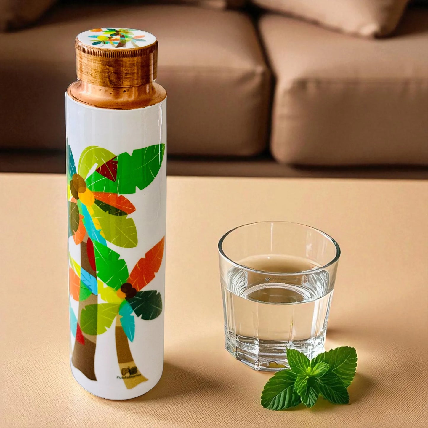 PAINTZSTORIES A Celebration of Palm Trees Meena Print Copper Water Bottle | Handcrafted Tamba Bottle | Premium Copper Water Bottle for Home Décor, Office, Travel & Gifting | 900 ml