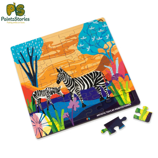 Zebra wooden puzzle for kids by PaintzStories featuring loving zebra artwork, educational wooden jigsaw puzzle for creativity and learning