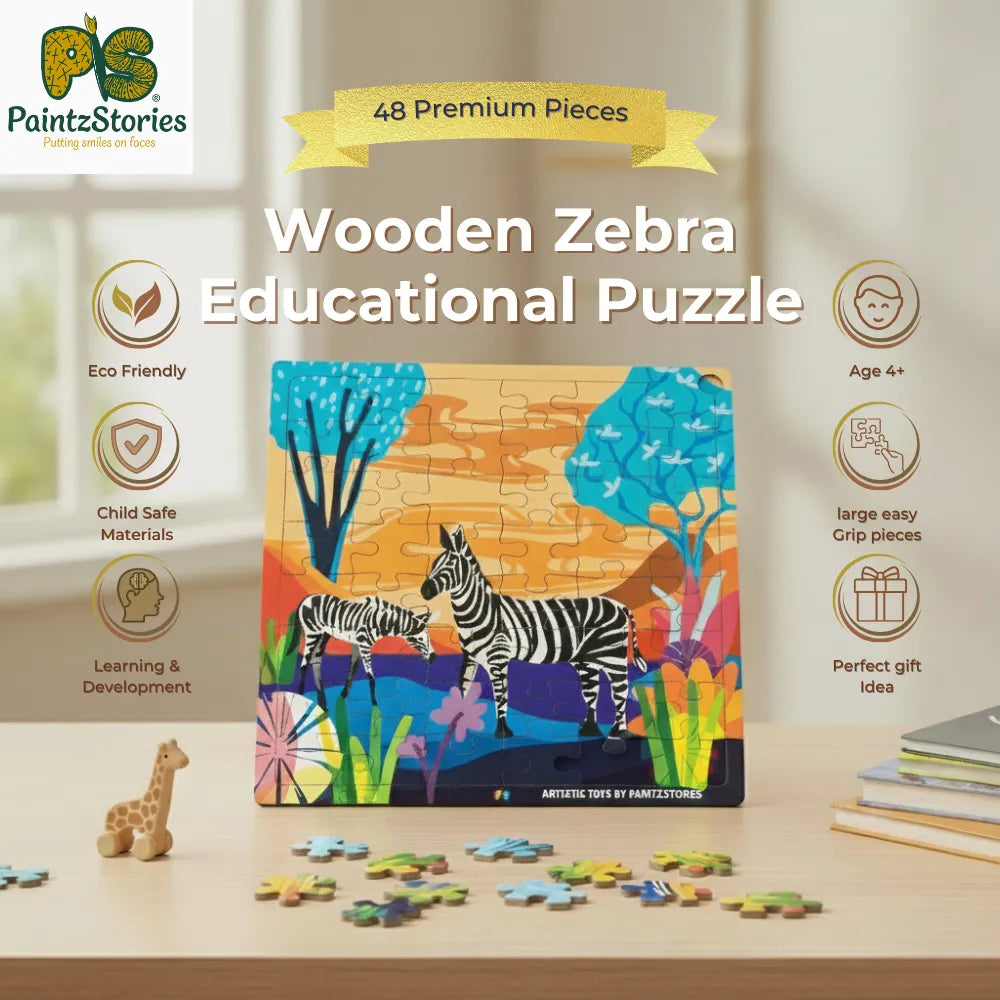PaintzStories zebra wooden puzzle made from durable child-safe wood, artistic educational jigsaw puzzle for kids