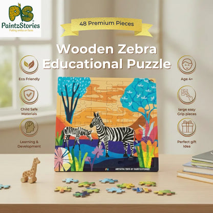 PaintzStories zebra wooden puzzle made from durable child-safe wood, artistic educational jigsaw puzzle for kids