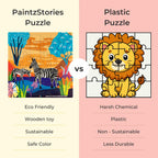 Wooden zebra jigsaw puzzle vs plastic puzzle comparison showing safe eco-friendly PaintzStories educational toy