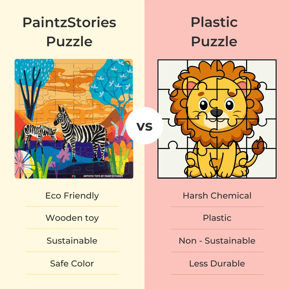Wooden zebra jigsaw puzzle vs plastic puzzle comparison showing safe eco-friendly PaintzStories educational toy