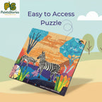 Kids playing with easy-to-handle zebra wooden puzzle pieces, PaintzStories educational toy for motor skill development