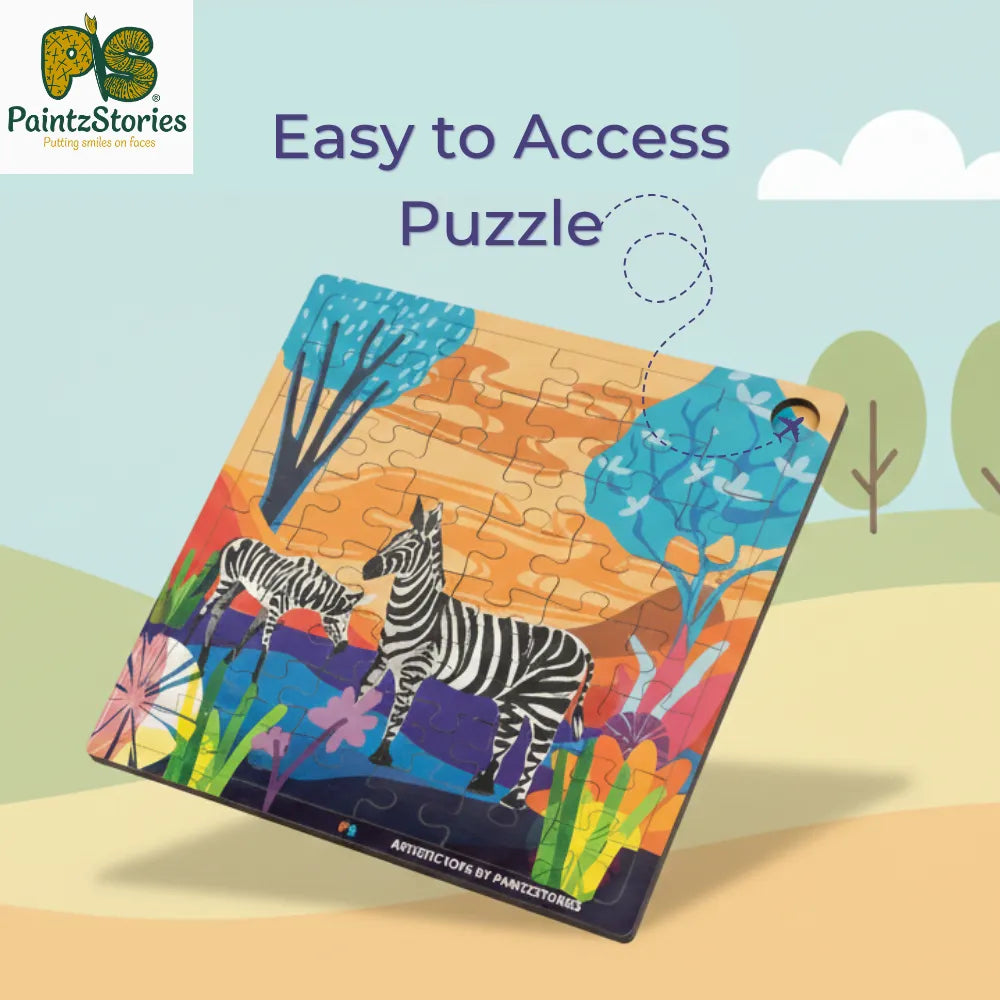 Kids playing with easy-to-handle zebra wooden puzzle pieces, PaintzStories educational toy for motor skill development