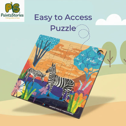 Kids playing with easy-to-handle zebra wooden puzzle pieces, PaintzStories educational toy for motor skill development