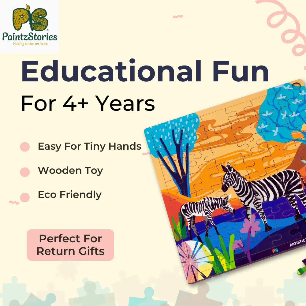 Child enjoying zebra wooden jigsaw puzzle, fun learning activity improving creativity and problem solving