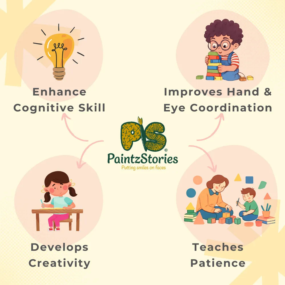 Educational wooden zebra puzzle showing cognitive skill benefits, coordination and patience learning toy by PaintzStories