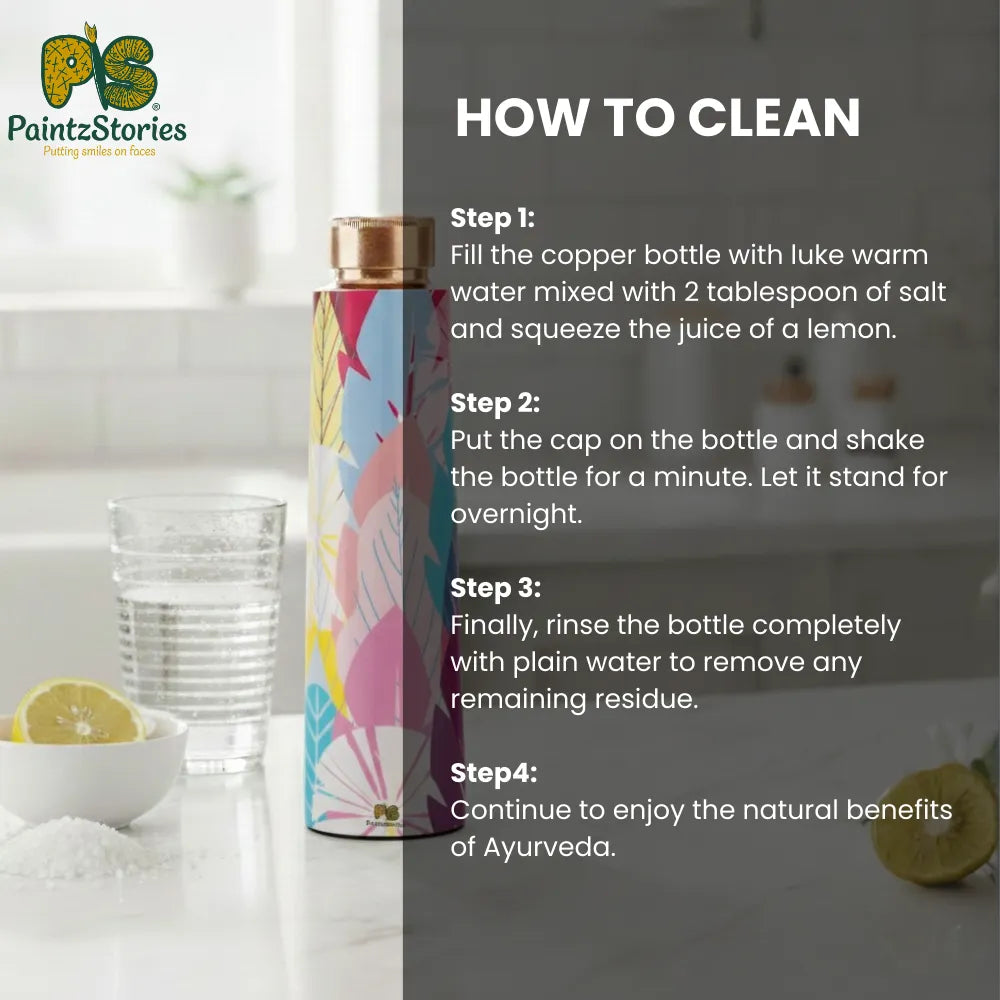 Cleaning steps for Cycle of Seasons copper water bottle showing easy natural care method