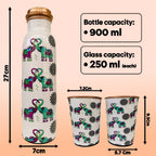 Dimensions of Elephants In Love copper bottle set showing bottle height and capacity