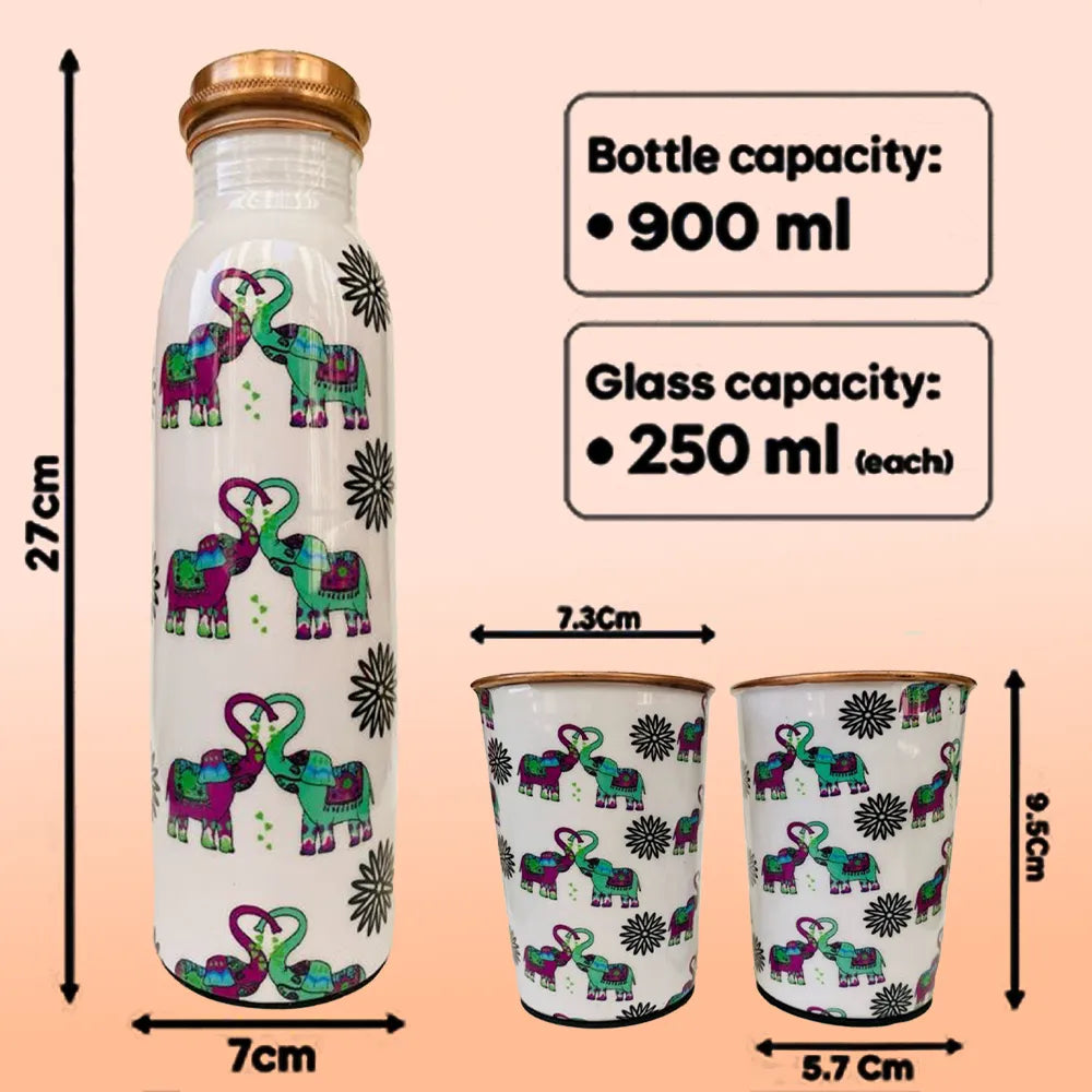 Dimensions of Elephants In Love copper bottle set showing bottle height and capacity