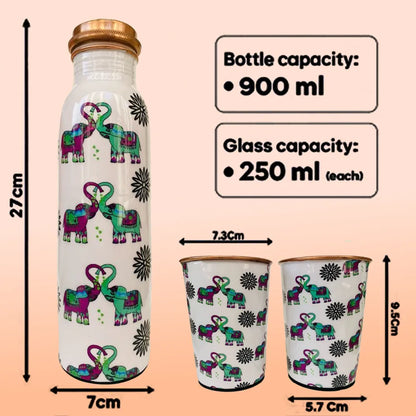 Dimensions of Elephants In Love copper bottle set showing bottle height and capacity